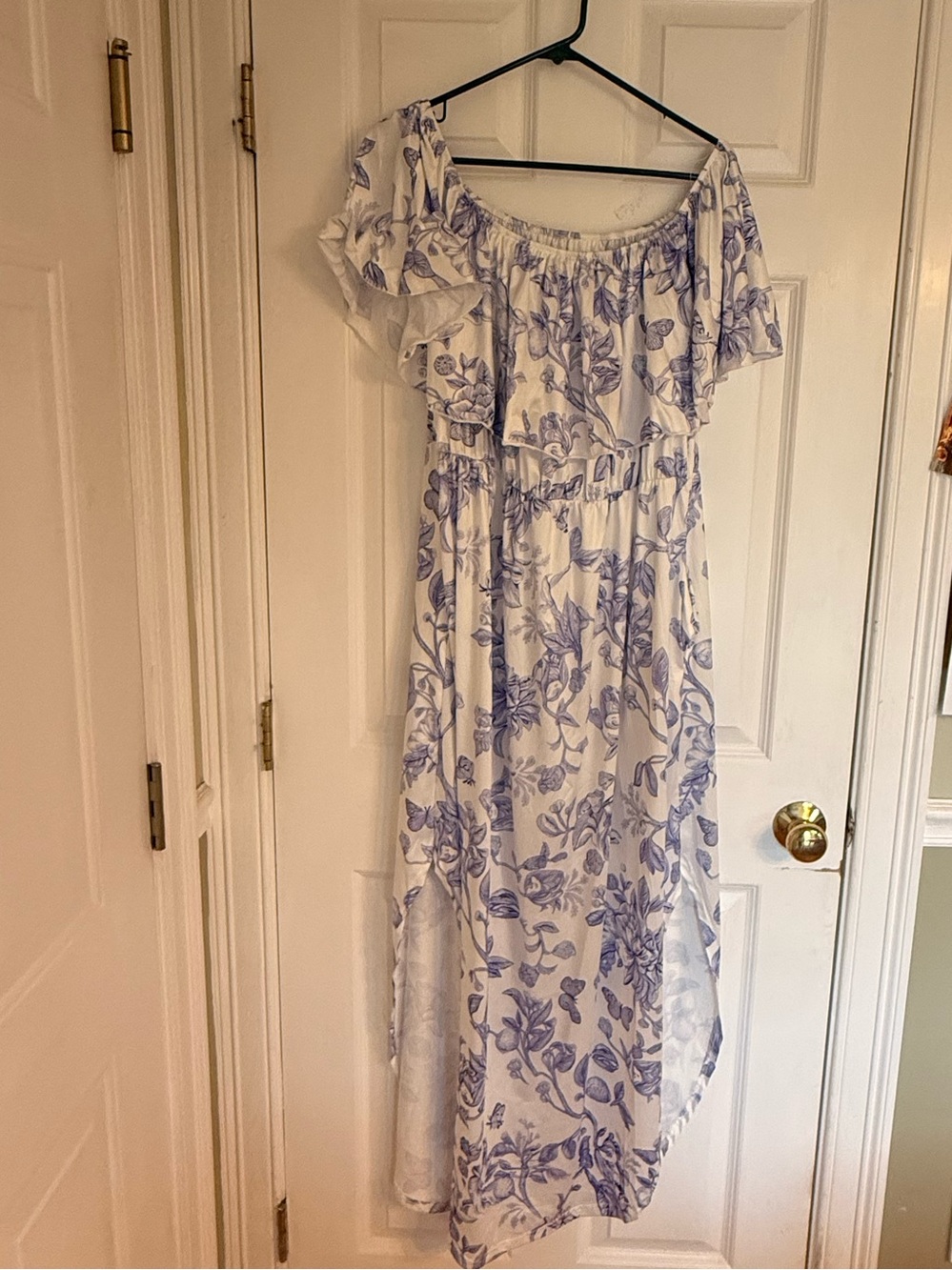 White Maxi Dress with Lavender Floral Print — Off-Shoulder Style